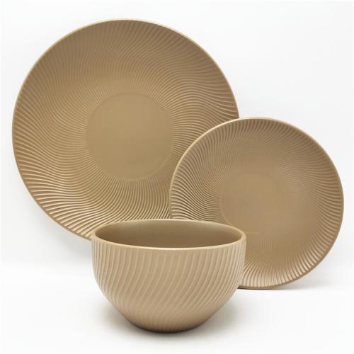 Spiral embossed brown color glazed stoneware dinnerware supplier