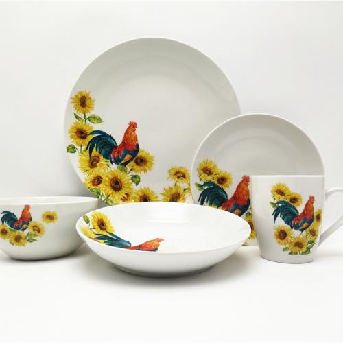 Rooster and sunflower design porcelain dinnerware for 4 persons