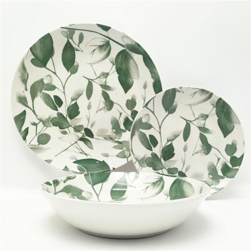 Green leaves  Design  Pad Printed 12pcs Porcelain Dinner Set for  4 Persons
