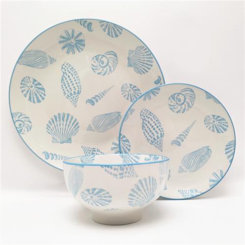 Ocean Style Design  Pad Printed 12pcs Porcelain Dinner Set for  4 Persons