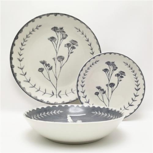 Grey Flower Design Pad Printed 12pcs Porcelain Dinner Set for  4 Persons